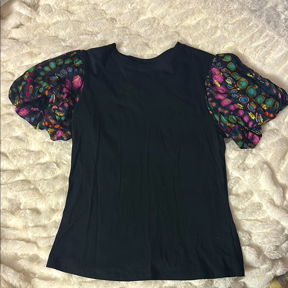 Elegant Black Top with Colorful Puff Sleeves